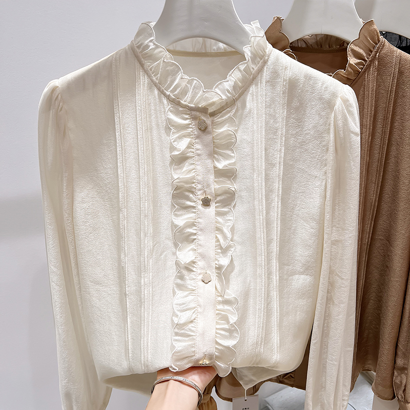 2025新款法式气质显瘦立领木耳边拼接镶钻单排扣纯色长袖衬衫女秋