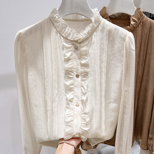 衬衫 气质显瘦立领木耳边拼接镶钻单排扣纯色长袖 女秋 法式 2025新款