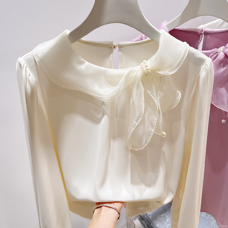 2026新款韩国气质圆领欧根纱串珠系带纯色套头长袖雪纺衫女春季