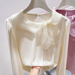 女春季 雪纺衫 韩国气质圆领欧根纱串珠系带纯色套头长袖 2026新款