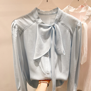 2026新款韩国气质显瘦立领不规则拼接系带单排扣长袖衬衫女春季