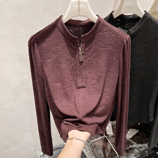 上衣女秋季 显瘦立领拉链下摆不规则浮雕套头长袖 韩国修身 2025新款