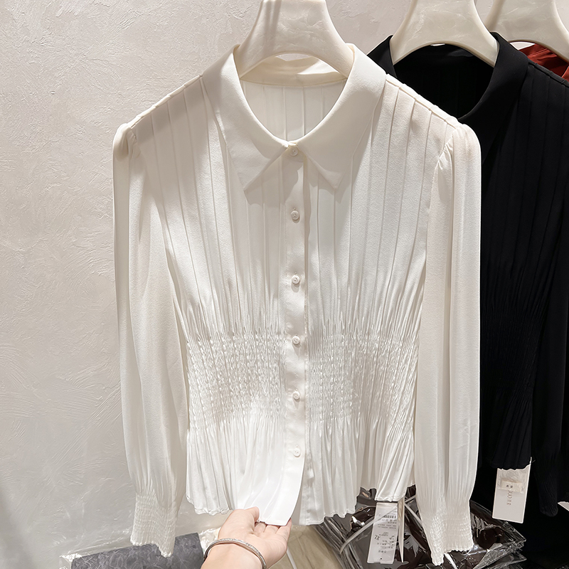 2025新款韩国气质显瘦翻领压皱单排扣收腰纯色长袖雪纺衬衫女秋季