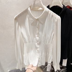 2025新款韩国气质显瘦翻领压皱单排扣收腰纯色长袖雪纺衬衫女秋季