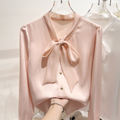 女春季 2024新款 雪纺衫 气质显瘦纯色V领系带镂空套头长袖 法式