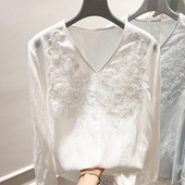 法式 薄款 气质纯色V领重工刺绣亮片长袖 女春季 上衣 衬衫 2025新款