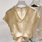 薄款 2025新款 上衣 雪纺衫 女夏季 法式 气质显瘦V领钉珠浮雕纯色短袖