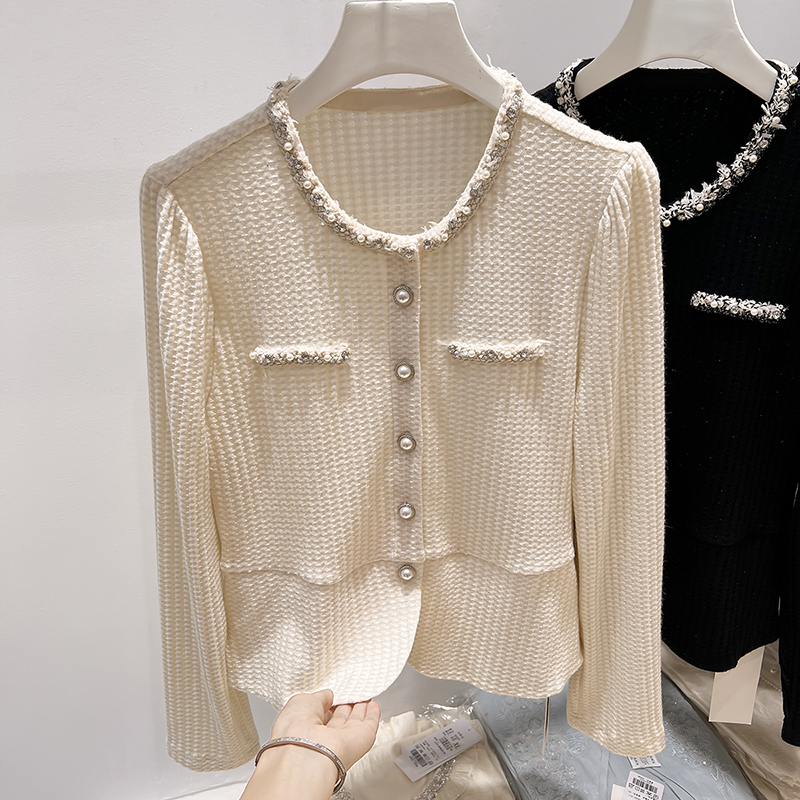 2025新款法式气质显瘦圆领编织钉珠单排扣短外套女秋季