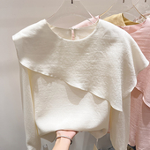 上衣女春季 2026新款 韩国气质显瘦圆领不规则拼接纯色长袖