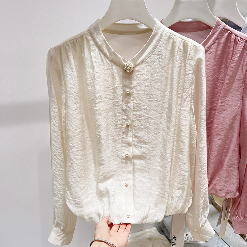2025新款法式气质显瘦立领钉珠单排扣浮雕纯色长袖衬衫女秋季上衣