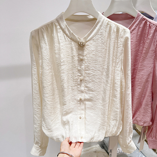 2025新款法式气质显瘦立领钉珠单排扣浮雕纯色长袖衬衫女秋季上衣