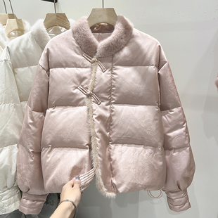 2025新款气质显瘦立领毛毛拼接盘扣纯色白鸭绒短款羽绒服女冬季