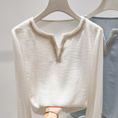 上衣女秋季 气质纯色圆领开叉镶钻纯色套头长袖 法式 2025新款