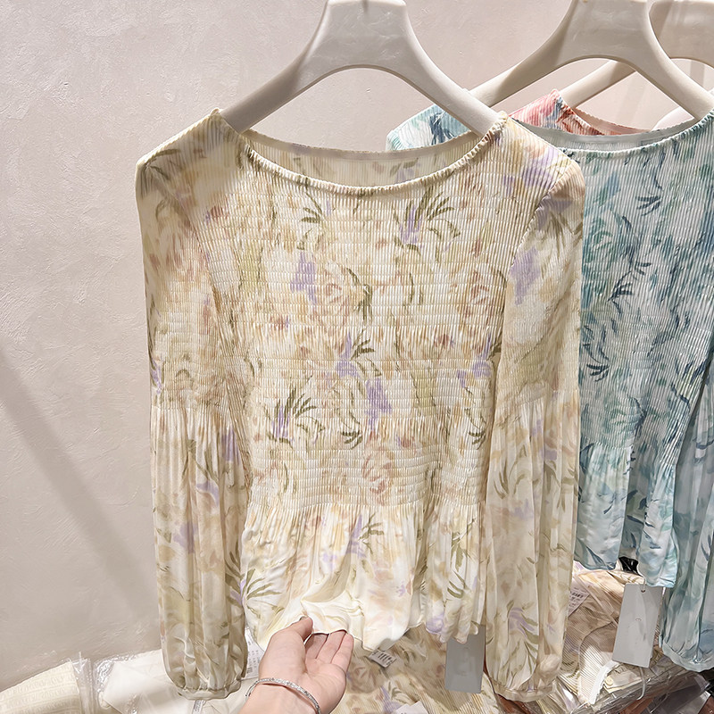 2026新款韩国复古显瘦圆领压皱印花套头长袖雪纺衫女春季薄款上衣