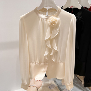 法式 女秋季 气质立领花朵不规则装 雪纺衬衫 饰拼接纯色长袖 2025新款