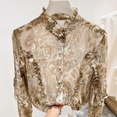 雪纺衬衣女春季 气质复古立领木耳边印花单排扣长袖 法式 2026新款