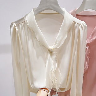 法式 衬衫 气质V领欧根纱系带钉珠套头长袖 女秋季 雪纺衫 2025新款