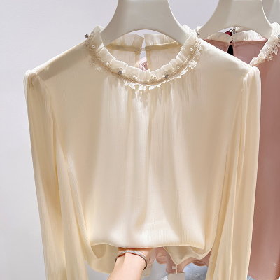 2026新款法式气质立领木耳边刺绣钉珠纯色套头长袖雪纺衫女春季