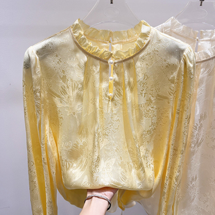 2026新款韩国气质立领木耳边珠子镂空印花套头长袖雪纺衫女春季