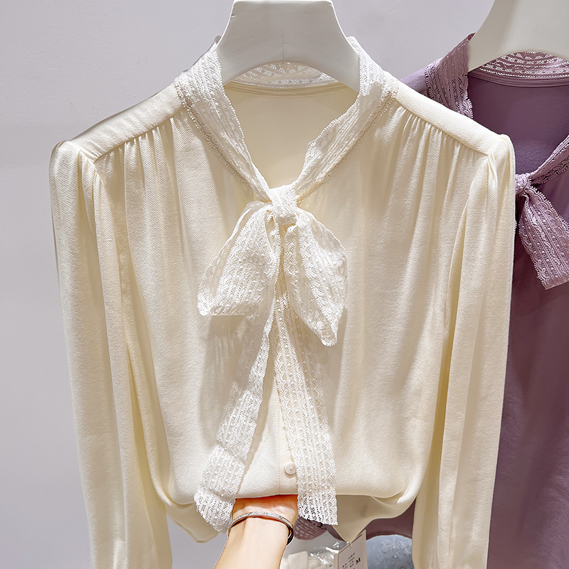 2025新款韩国气质显瘦立领蕾丝系带单排扣长袖衬衫女秋季上衣
