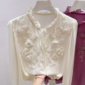 雪纺衫 2026新款 饰套头长袖 气质立领木耳边系带刺绣花朵装 女春 法式