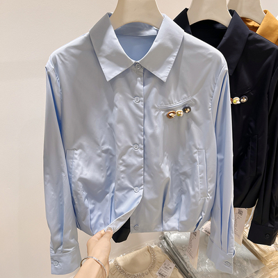 2026新款法式气质显瘦纯色翻领单排扣挂件短款长袖衬衣女春季