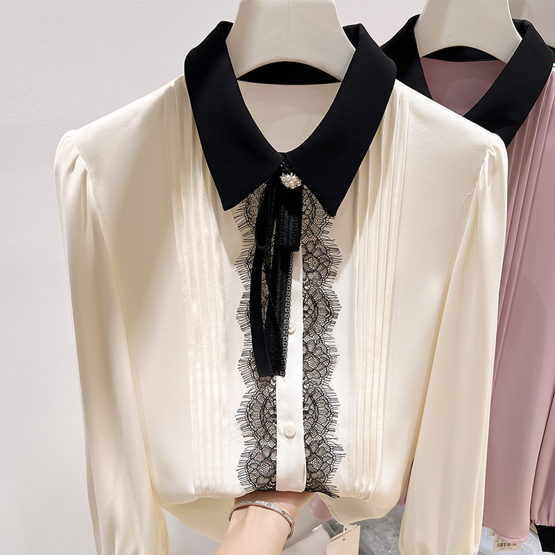 2026新款法式气质显瘦翻领门襟蕾丝拼接单排扣长袖雪纺衬衫女春季