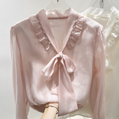 女秋薄款 2025新款 雪纺衫 气质V领木耳边钉珠系带纯色长袖 上衣 法式