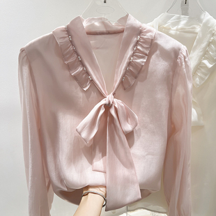 女秋薄款 2025新款 雪纺衫 气质V领木耳边钉珠系带纯色长袖 上衣 法式