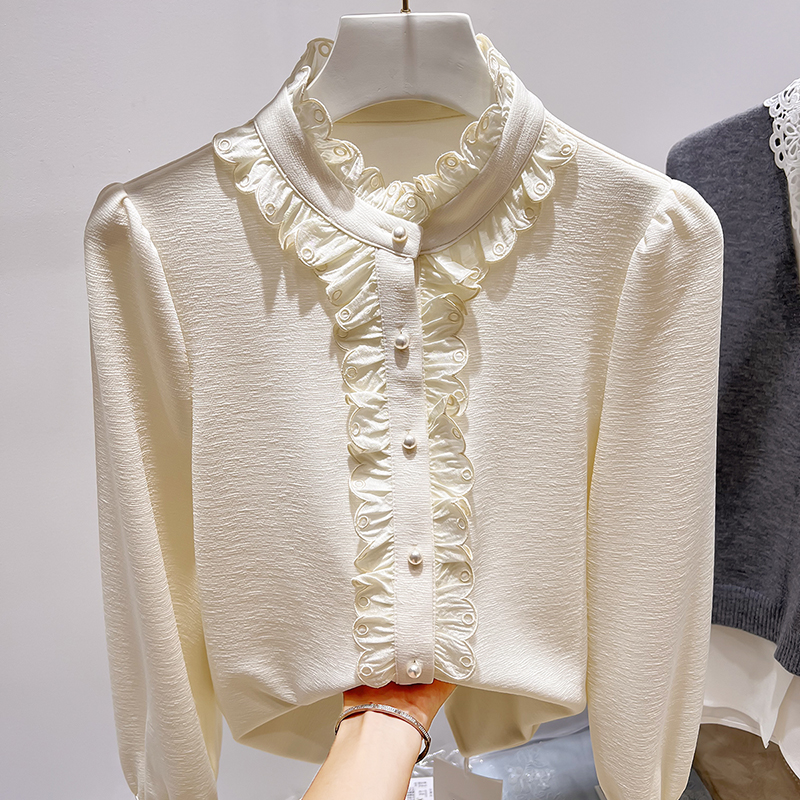 2025新款法式气质立领木耳边拼接钉珠单排扣加厚长袖上衣女秋季