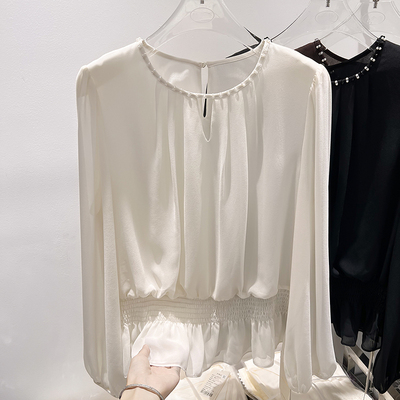 2025新款法式气质显瘦圆领钉珠镂空收腰长袖雪纺衫女秋季薄款上衣