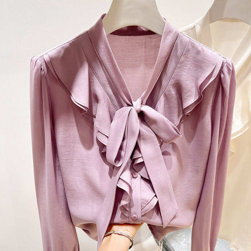 2026新款法式气质显瘦V领荷叶边系带单排扣纯色长袖雪纺衬衫女春
