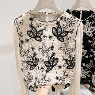 雪纺上衣女秋季 气质复古圆领刺绣钩花百褶拼接长袖 法式 2025新款