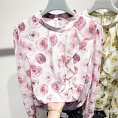 薄款 2025新款 女春款 雪纺衫 上衣 韩国气质立领荷叶边印花套头长袖