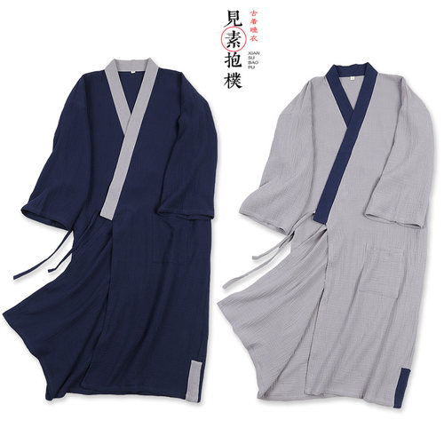 纯棉中国风汉服长袍睡衣薄款