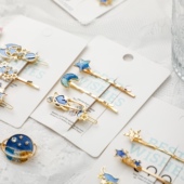 喵仙子 可爱猫咪星星月亮一字夹发卡甜美风少女星空金属发饰套装