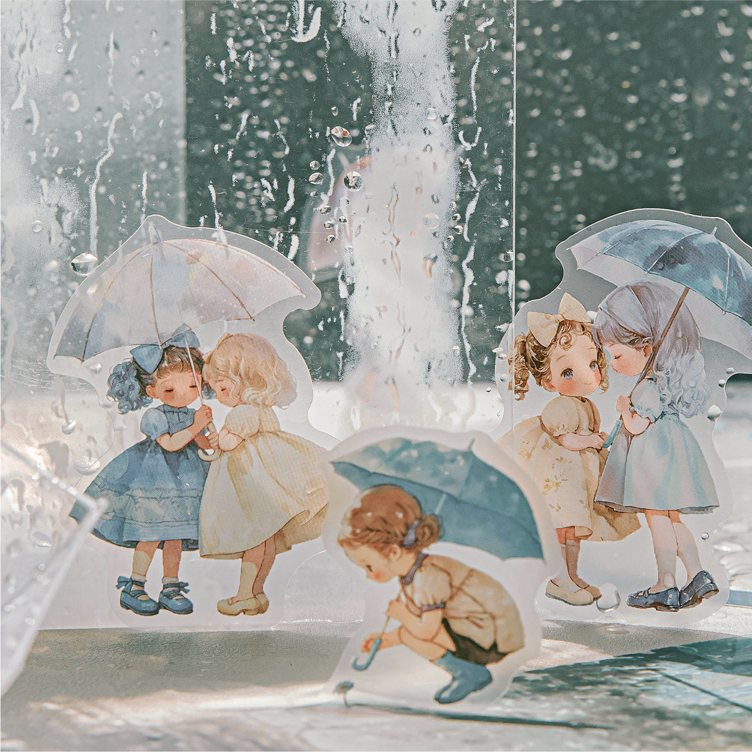 雨季童话雾面PET贴纸包 ins卡通人物素材手账diy造景装饰手帐贴画图片