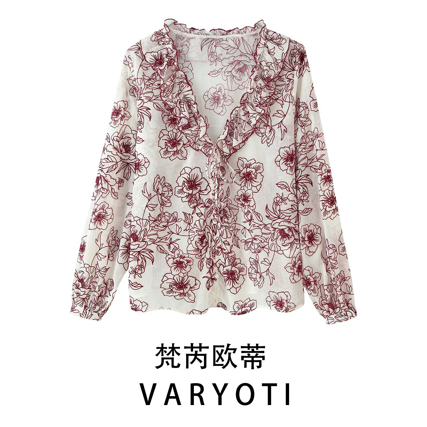 欧美风花卉印花宽松系带女衬衫
