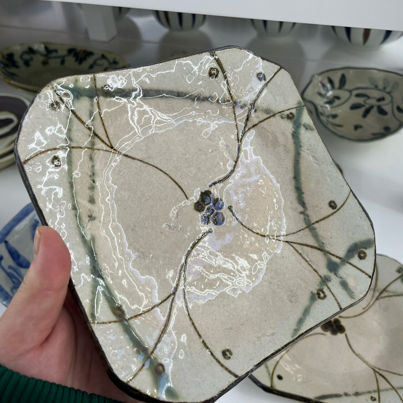 日本原装进口瓷器 梅小纹四角盘 沙拉冷菜盘复古釉下彩手绘餐具