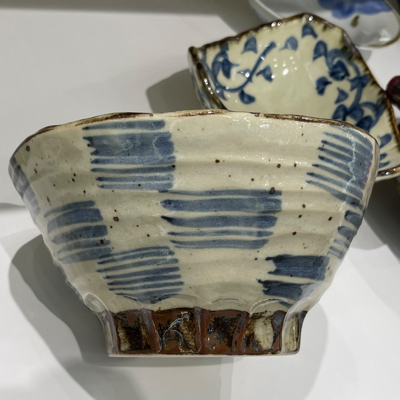 日本原装进口瓷器 飞白花纹市松青大碗釉下彩拉面碗汤碗 复古餐具