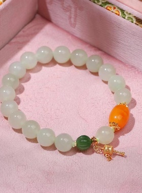 天然和田玉手链青海老料晴水9.5MM蜜蜡桶珠女款带证书