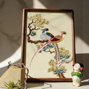 十指春风中级难度《松风彩羽》清代粤绣松树鹦鹉 diy刺绣材料包