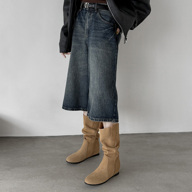 牛皮中筒堆堆靴褶皱西部牛仔靴