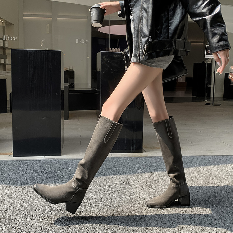 Am牛皮方头靴女真皮粗跟高筒靴