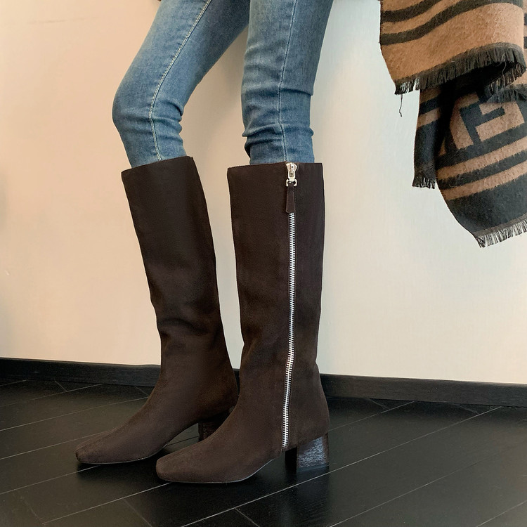 瑞典小众Amázing Cure5CM牛皮方头骑士靴女显瘦侧拉链长筒靴粗跟