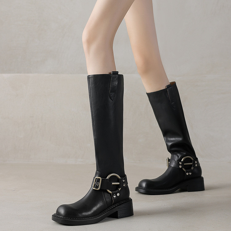 Améing真皮高筒靴秋冬金属扣