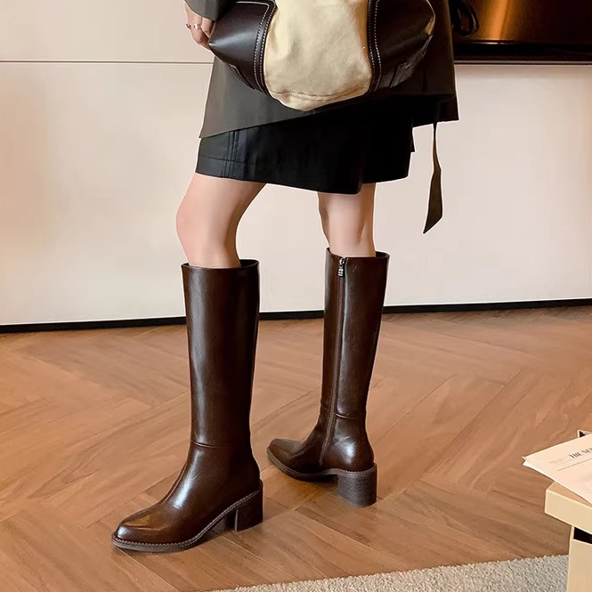 Am牛皮拉链高跟直筒长靴女