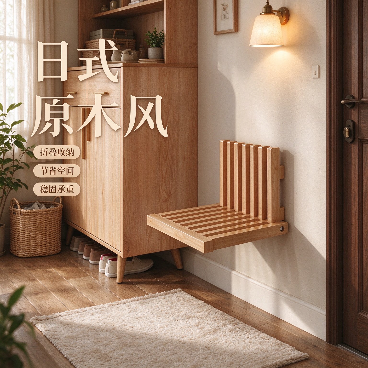 日式原木风浴室壁挂木制折叠凳靠背椅木质玄关门后换鞋凳钢琴键凳
