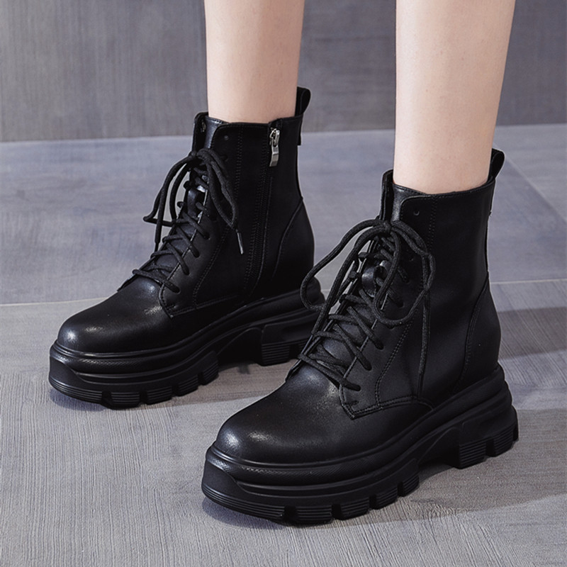 香港内增高马丁靴女侧拉炼2025新款春秋靴子真皮厚底8cm短靴ins潮