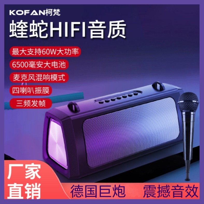 德国巨炮大音量蓝牙音响60W双喇叭双振膜七彩灯户外K歌低音炮音箱